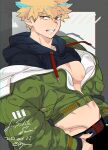  1boy annoyed bakugou_katsuki bara bare_pectorals black_nails blonde_hair boku_no_hero_academia cowboy_shot cropped_hoodie from_side frown groin hood hood_down hoodie jacket jacket_partially_removed looking_at_viewer male_focus midriff_peek navel nipples pectorals red_eyes short_hair sideburns solo spiked_hair stomach yan_(bltyann) 