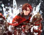  1boy armor asymmetrical_armor buckle closed_mouth diamant_(fire_emblem) fire_emblem fire_emblem_engage fur_trim hair_between_eyes high_collar highres holding holding_sword holding_weapon kakiko210 looking_at_viewer male_focus red_eyes red_hair short_hair solo sword turtleneck weapon 