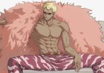  1boy abs bare_pectorals blonde_hair camouflage camouflage_pants closed_mouth collarbone donquixote_doflamingo earrings fulenimenle fur_trim highres jewelry looking_to_the_side male_focus muscular muscular_male one_piece pants pectorals purple_pants short_hair simple_background sitting spread_legs sunglasses topless_male veins veiny_arms 