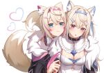 2girls animal_ear_fluff animal_ears belt_collar black_collar black_jacket blonde_hair blue_eyes blue_hair breasts bush closed_mouth collar cropped_jacket dog_ears dog_girl dog_tail erezu fur-trimmed_jacket fur_trim fuwawa_abyssgard hair_ornament hairpin headphones headphones_around_neck heart hololive hololive_english jacket large_breasts long_hair medium_hair mococo_abyssgard multicolored_hair multiple_girls open_mouth pink_eyes pink_hair shirt siblings sisters spiked_collar spikes streaked_hair tail twins virtual_youtuber white_background white_shirt x_hair_ornament 