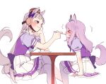  &gt;_&lt; 2girls animal_ears blush brown_headwear cake cake_slice closed_mouth elbow_rest embarrassed feeding feet_out_of_frame flying_sweatdrops food full-face_blush ggubii0225 gold_ship_(umamusume) grey_hair hat holding holding_spoon horse_ears horse_girl horse_tail invisible_chair long_hair looking_at_another mejiro_mcqueen_(umamusume) motion_lines multiple_girls plate purple_hair purple_shirt red_eyes school_uniform shirt short_sleeves simple_background sitting skirt smile spoon table tail thighhighs tracen_school_uniform twitter_username umamusume white_background white_skirt white_thighhighs 