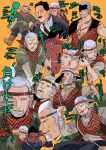  4boys beard black_hair blood blood_on_face brown_eyes brown_footwear buzz_cut clenched_hand coat facial_hair golden_kamuy green_(grimy) grey_hair gun highres holding holding_gun holding_weapon horse japanese_clothes kimono multiple_boys multiple_views necktie old old_man orange_background rikimatsu_ariko running shiraishi_yoshitake short_hair tasuki tattoo toni_anji ushiyama_tatsuma very_short_hair vest weapon 