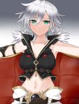  1girl blush breasts collarbone crop_top detached_sleeves green_eyes grey_hair highres medium_breasts navel neptune_(series) paid_reward_available s-sha shin_jigen_game_neptune_vii short_hair simple_background solo white_background zatsu 