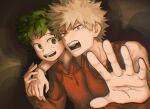  2boys :d alternate_costume arm_around_shoulder bakugou_katsuki bare_arms bare_shoulders blonde_hair blurry bnahzub boku_no_hero_academia bracelet brown_background casual chromatic_aberration commentary_request curly_hair depth_of_field drawstring film_grain foreshortening freckles from_side furrowed_brow green_eyes green_hair green_pupils hand_up hands_up happy highres hood hood_down hoodie jewelry leaning_forward light long_sleeves looking_at_viewer looking_to_the_side male_focus midoriya_izuku multiple_boys necklace open_hand open_mouth orange_hoodie orange_tank_top outstretched_arm outstretched_hand pendant reaching_towards_viewer red_eyes ring_necklace round_teeth sanpaku shadow short_hair sideways_glance sleeveless smile spiked_hair tank_top teeth upper_body v-shaped_eyebrows 