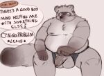  animal_crossing anthro asian_clothing balls belly canid canine clothing dialogue east_asian_clothing english_text flaccid foreskin fundoshi genitals hi_res holyluhen japanese_clothing male mammal mature_male moobs navel nintendo nipples overweight penis raccoon_dog sitting solo talking_to_viewer tanuki text tom_nook_(animal_crossing) underwear 