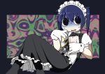  1girl @_@ abstract_background black_border black_bow black_bowtie black_dress black_eyes black_socks blazer blue_hair border bow bowtie can center_frills commentary cropped_jacket dress drooling ear_piercing explosion_psycho feet_out_of_frame food frilled_dress frilled_gloves frills gloves highres holding holding_can holding_food jacket knees_up layered_dress maid maid_headdress mouth_drool nervous_smile open_mouth original outside_border piercing puffy_short_sleeves puffy_sleeves reclining short_hair short_sleeves sideways_glance smile snack socks solo strong_zero sweat turn_pale twintails white_dress white_gloves white_sleeves 