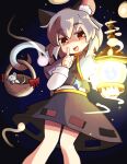  1girl :d animal_ear_fluff animal_ears basket black_skirt black_vest capelet dark_background dokuta feet_out_of_frame finger_to_mouth gold_trim grey_hair hand_up highres hitodama holding holding_lantern knees_together_feet_apart lantern light light_blush looking_at_viewer mouse mouse_ears mouse_tail nazrin open_mouth petite prehensile_tail red_eyes short_hair simple_background skirt skirt_cutout skirt_set smile solo tail touhou vest 