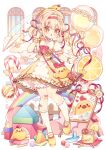  1girl balloon bird blonde_hair bow bowtie chicken commentary flower food frilled_skirt frills fruit holding holding_balloon holding_flower hyou_(pixiv3677917) lemon original paper_airplane paper_boat ribbon shoes skirt symbol-only_commentary white_footwear wings yellow_eyes 