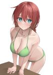  1girl absurdres arm_support bikini blush braid breasts brown_hair closed_mouth collarbone emma_verde freckles green_bikini green_eyes hair_between_eyes highres kawai_ritsu_(rits_meg) large_breasts long_hair looking_at_viewer love_live! love_live!_nijigasaki_high_school_idol_club solo sweat swimsuit twin_braids white_background 