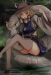  1girl animal animal_print blonde_hair blue_skirt blue_vest blurry blurry_background brown_headwear forked_tongue highres mesuosushi mishaguji moriya_suwako outdoors sitting_on_animal skirt snake solo thighhighs tongue tongue_out touhou vest water wet white_scales white_snake white_thighhighs wide_sleeves 