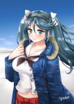  1girl black_neckerchief blue_coat blue_eyes blue_hair blush breasts closed_mouth coat day fur-trimmed_coat fur_trim hair_between_eyes hair_ribbon headgear highres isuzu_(kancolle) kantai_collection large_breasts long_hair long_sleeves looking_at_viewer neckerchief open_clothes open_coat outdoors pleated_skirt red_skirt ribbon saburou_03 sailor_collar school_uniform serafuku skirt sky solo twintails very_long_hair white_neckerchief white_ribbon 