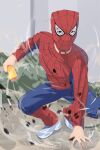  1boy balaclava blurry blurry_background bodysuit cosplay feng_mouren full_body hand_on_floor highres holding long_sleeves looking_at_viewer marvel original shoes solo spider-man spider-man_(series) squatting wall wind 