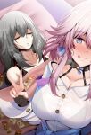  2girls :p astraea_(atelierastraea) blue_eyes breasts cleavage closed_eyes collarbone commentary_request grey_hair guy_tired_after_sex_(meme) highres honkai:_star_rail honkai_(series) large_breasts long_hair long_sleeves looking_at_viewer march_7th_(honkai:_star_rail) meme multiple_girls pink_hair shirt sleeping smile star_rail_special_pass_(honkai:_star_rail) stelle_(honkai:_star_rail) tongue tongue_out trailblazer_(honkai:_star_rail) upper_body v white_shirt yuri 