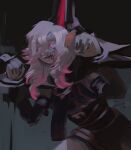 1girl absurdres black_background briar_(league_of_legends) cowboy_shot detached_sleeves grey_background grey_eyes hair_between_eyes hands_up highres league_of_legends leaning_forward long_hair long_sleeves nail_polish ori_(orpheuart) restrained sharp_teeth sketch solo teeth white_hair 