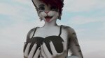  16:9 anthro blue_eyes bra breast_squeeze breast_squish breasts cassandra_rose clothing felid feline female fur grey_body grey_fur hair hand_on_breast hi_res holding_breast looking_at_viewer mammal red_hair solo squish tongue tongue_out underwear white_body widescreen 