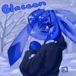  1:1 anthro clothing covered_in_snow detailed_background eeveelution eunicidae generation_4_pokemon glaceon hoodie looking_at_viewer looking_back male nintendo pokemon pokemon_(species) smile snow snowing solo solo_focus topwear 