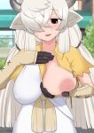  1girl animal_ears black_gloves blurry blurry_background blush breast_lift breasts brown_eyes capelet collared_capelet commentary_request covered_nipples cowboy_shot day dress gloves grey_horns hair_over_one_eye highres horns illu_(illu_stratos) kemono_friends kemono_friends_3 large_breasts long_hair looking_at_viewer nipples one_breast_out open_mouth outdoors ox_ears ox_girl ox_horns plant smile solo tree very_long_hair white_dress white_hair yak_(kemono_friends) yellow_capelet 