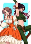  2girls absurdres adapted_costume aerith_gainsborough armpits arms_up belt black_hair braid braided_ponytail brown_hair cosplay crop_top dreadlocks dress final_fantasy final_fantasy_ix final_fantasy_vii final_fantasy_vii_ever_crisis garnet_til_alexandros_xvii garnet_til_alexandros_xvii_(cosplay) highres jewelry looking_at_viewer multicolored_hair multiple_girls necklace official_alternate_costume open_mouth red_hair salamander_coral salamander_coral_(cosplay) shikiwo sleeveless smile tifa_lockhart two-tone_hair 
