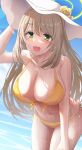  1girl :d arm_up bikini blonde_hair blue_archive blue_sky blush breasts collarbone day flower green_eyes hat hat_flower highres large_breasts leaning_forward long_hair navel nonomi_(blue_archive) nonomi_(swimsuit)_(blue_archive) open_mouth outdoors silver_bullet_(ecc12_8) sky smile solo stomach sun_hat swimsuit very_long_hair wet yellow_bikini 