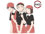  apron beanie black_hair black_shirt blonde_hair bob_cut braid brown_hair collared_shirt ear_piercing glasses green_eyes hair_ornament hairclip hat iwakura_mitsumi jinou_rakugaki kurume_makoto long_hair looking_at_viewer murashige_yuzuki piercing red_apron red_headwear shirt short_sleeves skip_to_loafer smile thumbs_up twintails 