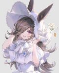  1girl alternate_costume animal_ears artist_name blush breasts brown_hair carrot dress ears_through_headwear flower grey_background hair_over_one_eye hands_on_headwear hands_up hat horse_ears long_hair looking_at_viewer open_mouth purple_eyes rice_shower_(umamusume) short_sleeves simple_background smile solo umamusume upper_body welchino white_dress white_headwear 
