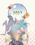  1boy 1girl 2021 :d black_coat black_eyes black_gloves black_hair boots checkered_background coat crossed_arms fingerless_gloves food glasses gloves green_eyes green_hair happy_new_year highres holding holding_food jacket natto_soup open_mouth pandoria_(xenoblade) pointy_ears purple_footwear purple_jacket shoe_soles short_sleeves smile turters_(xenoblade) turtle white_background xenoblade_chronicles_(series) xenoblade_chronicles_2 zeke_von_genbu_(xenoblade) 