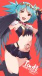  1girl bird_legs black_feathers black_skirt black_wings blue_hair blush breasts claws commentary_request commission feathers goten_(510gensoku) harpy heart heart_tattoo highres indie_virtual_youtuber lincoro monster_girl navel open_mouth orange_eyes pointy_ears red_background short_hair short_twintails skeb_commission skirt small_breasts solo stomach_tattoo talons tattoo tiara twintails virtual_youtuber winged_arms wings 