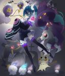  1girl absurdres aqua_hair banette black_thighhighs detached_sleeves drifloon duskull fire ghost ghost_miku_(project_voltage) glitch gradient_hair graveyard grey_shirt hair_between_eyes hatsune_miku highres litwick long_hair mimikyu mismagius moon multicolored_hair murkrow necktie nonkun pale_skin parted_lips pokemon pokemon_(creature) project_voltage red_eyes see-through see-through_skirt shirt skirt sleeves_past_fingers sleeves_past_wrists thighhighs tombstone twintails very_long_hair vocaloid will-o&#039;-the-wisp_(mythology) woobat yellow_eyes zipper zipper_pull_tab zubat 