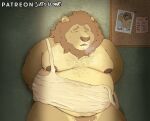  2023 anthro belly big_belly bodily_fluids clothing detailed_background eyes_closed felid lion male mammal moobs nipples overweight overweight_male pantherine pubes sato_afroleone shirt solo sweat topwear 