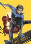  1boy bara batman_(series) baton_(weapon) black_bodysuit black_hair blue_bodysuit bodysuit dc_comics dick_grayson domino_mask explosion highres holding holding_weapon koumikoumi69 large_pectorals male_focus mask muscular muscular_male nightwing pectorals short_hair smile solo superhero two-tone_bodysuit weapon 