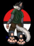  2021 anthro black_hair canid canine clothed clothing elemental_creature elemental_humanoid feet fire_typing firedog foot_fetish foot_focus fur generation_1_pokemon grey_body grey_fur growlithe hair heel_pad hi_res hindpaw humanoid looking_at_viewer looking_back looking_back_at_viewer male mammal mayawolf nintendo orange_eyes padded_palms pawpads paws plantigrade pokemon pokemon_(species) razor_the_firedog solo stripes 