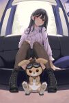  1girl arm_support black_footwear black_hair blouse boots commentary_request hand_on_own_knee head_tilt highres long_hair looking_at_viewer original pink_shirt red_eyes shirt sitting stuffed_animal stuffed_toy takayaki thighhighs 