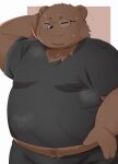  2023 anthro bear belly big_belly black_nose bottomwear brown_body brown_fur clothing eyes_closed fur hi_res humanoid_hands kemono male mammal musk overweight overweight_male pants shirt solo topwear trail_arnak 