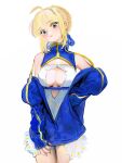  1girl ahoge alternate_costume artoria_pendragon_(fate) blonde_hair blue_eyes blue_jacket blue_ribbon blush braid braided_bun breasts cleavage closed_mouth cowboy_shot fate/stay_night fate_(series) hair_bun hair_ribbon hand_in_pocket head_tilt high_collar jacket jacket_partially_removed looking_at_viewer medium_breasts no_pants partially_unbuttoned partially_unzipped ribbon saber shirt simple_background single_hair_bun sleeveless sleeveless_shirt sleeves_past_wrists smile solo underbust white_background yeono0 