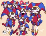  &gt;_&lt; 1girl alternate_breast_size blue_eyes blush_stickers breasts brown_hair closed_eyes collared_shirt frown gloves hat jester jester_cap large_breasts mato_tsuyoi multicolored_clothes multiple_views open_mouth pomni_(the_amazing_digital_circus) red_eyes shirt squiggle_eyes the_amazing_digital_circus two-tone_eyes vomiting yellow_background 