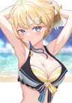  1girl armpits arms_behind_head beach bikini blonde_hair blush breasts chahanramen cleavage hair_ornament hair_tie highres hololive hololive_english large_breasts looking_at_viewer medium_hair mole mole_on_breast monocle_hair_ornament mouth_hold solo swimsuit tying_hair upper_body virtual_youtuber watson_amelia 