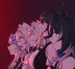  5girls animal_ear_fluff animal_ears bandaid_hair_ornament bare_shoulders baseball_cap black_background black_hair blonde_hair blood blood_on_face blue_eyes breasts colored_inner_hair commentary dasdokter dog_ears english_commentary fangs frown fuwawa_abyssgard gradient_background grey_hair hair_between_eyes hair_ornament hairband hairclip hat highres holoadvent hololive hololive_english horns koseki_bijou large_breasts long_hair mococo_abyssgard multicolored_hair multiple_girls nerissa_ravencroft open_mouth pink_eyes pink_hair profile purple_eyes red_background red_eyes shiori_novella siblings simple_background sisters smile split-color_hair streaked_hair teeth twins virtual_youtuber white_hair x_hair_ornament yellow_eyes 