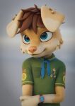  3d_(artwork) anthro badge blender_(software) blue_eyes canid clock clothing digital_media_(artwork) green_clothing green_shirt green_topwear hi_res mammal screelee shirt simple_background topwear watch 