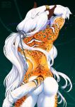  2023 anthro araivis-edelveys arm_tuft bakara breasts butt chain cheek_tuft claws colored curvy_figure detailed digital_media_(artwork) ear_tuft elbow_tuft facial_tuft felid female finger_claws fur glowing glowing_eyes hair hi_res hourglass_figure long_hair long_tail machairodontine mammal muscular muscular_anthro muscular_female portrait purple_eyes raised_arm rear_view side_boob simple_background solo spots spotted_body spotted_fur striped_body striped_fur stripes tail three-quarter_portrait tuft white_hair 