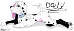  101_dalmatian_street 101_dalmatians 2019 canid canine canis claws collar collar_only dalmatian disney dolly_(101_dalmatians) domestic_dog female feral fur half-closed_eyes looking_at_viewer lying mammal marcushunter mouth_closed narrowed_eyes nude on_front side_view signature smile smiling_at_viewer solo spots spotted_body spotted_fur tail tail_motion tailwag text 