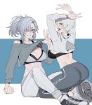  2girls absurdres arm_support arms_up ass black_bra blue_eyes bra breasts cleavage commentary grey_hair highres kneeling leggings multiple_girls open_mouth original pants ponytail ratatatat74 shark_fin sharp_teeth short_hair sitting smile symbol-only_commentary teeth underwear 