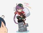  2girls akebono_(kancolle) beret brown_thighhighs capelet commentary_request fur-trimmed_capelet fur_trim green_headwear green_skirt hair_ribbon hat ice_skates kantai_collection long_hair machinery multiple_girls purple_eyes purple_hair red_capelet ribbon saiguchi_otoufu side_ponytail simple_background skates skirt smokestack solo_focus stuffed_animal stuffed_cat stuffed_toy thighhighs translation_request ushio_(kancolle) very_long_hair white_background 