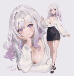  1girl black_skirt blush breasts cleavage closed_mouth collarbone colored_tips commentary detached_collar gem grey_hair hair_behind_ear hand_up head_on_hand head_tilt high_heels highres large_breasts leaning_forward legs long_hair long_sleeves looking_at_viewer multicolored_hair multiple_views original purple_eyes purple_gemstone purple_hair shirt side_slit sidelocks signature simple_background skirt smile solo standing swept_bangs tassel two-tone_hair white_background white_shirt y_uunaa 
