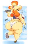  absurd_res animal_crossing anthro big_breasts big_butt bikini blonde_hair breasts burger butt canid canine canis clothing domestic_dog english_text eyes_closed female food footwear hair hi_res holding_plate isabelle_(animal_crossing) lewd_dorky mammal nintendo onomatopoeia open_mouth plate sandals shih_tzu solo sound_effects stars_and_stripes swimwear text thick_thighs toy_dog united_states_of_america wide_hips yellow_body 