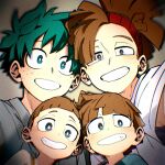  1girl 3boys aqua_eyes bandana blue_shirt blunt_bangs blunt_ends blurry blush boku_no_hero_academia bowl_cut bright_pupils brother_and_sister brothers brown_hair cel_shading chromatic_aberration depth_of_field eyebrows_hidden_by_hair female_child film_grain freckles green_hair grey_background grey_eyes grey_shirt grin group_picture hair_pulled_back hand_up happy head_tilt high_ponytail high_side_ponytail highres jacket kuwanosisyamo lala_soul light looking_at_viewer male_child male_focus midoriya_izuku multiple_boys outstretched_arm pac-man_eyes reaching reaching_towards_viewer red_bandana rody_soul roro_soul selfie shadow shirt short_eyebrows short_hair siblings sleeveless smile soft_focus spiked_hair t-shirt teeth upper_body vignetting white_pupils white_shirt 