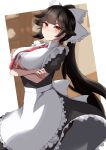  1girl absurdres alternate_costume apron azur_lane black_hair bow breasts closed_mouth clothing_cutout crossed_arms enmaided frilled_bow frills hair_bow high_ponytail highres large_breasts light_blush long_hair looking_at_viewer maid necktie rakuza_(ziware30) red_necktie short_sleeves solo takao_(azur_lane) underboob underboob_cutout white_apron white_bow yellow_eyes 