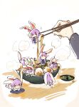  1girl absurdres bowl chibi chopsticks crt599 egg_yolk food food_focus highres holding holding_chopsticks in_bowl in_container long_sleeves multiple_persona noodles pun reisen_udongein_inaba simple_background touhou udon 