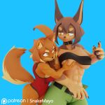  1:1 2023 3d_(artwork) abs absurd_res anthro bandeau blue_background breast_grab breasts brown_body brown_fur brown_hair canid canine canis clothing collar countershade_fur countershading digital_media_(artwork) dobermann dog_knight_rpg domestic_dog duo female female/female fur hair hand_on_breast hi_res highlights_(coloring) maci_(ceehaz) mammal muscular muscular_anthro muscular_female one-piece_swimsuit orange_body orange_fur pawpads pinscher pomeranian rory_(ceehaz) simple_background snakemayo spitz swimwear tan_body tan_fur topwear 