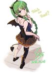  artist_logo bat_wings black_tank_top black_thighhighs braid breasts cosplay dated demon_horns demon_wings fake_demon_horns frilled_skirt frills from_above from_behind full_body grecale_(kancolle) grecale_(kancolle)_(cosplay) green_hair highres horns kantai_collection ld_(luna_dial398) long_hair looking_at_viewer looking_back medium_breasts mole mole_under_mouth orange_skirt single_braid single_thighhigh skirt tank_top thighhighs very_long_hair wings yuugumo_(kancolle) 