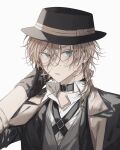  1boy black_choker black_gloves black_headwear black_jacket blue_eyes bungou_stray_dogs choker collared_shirt fedora gloves grey_vest hand_up hat highres jacket looking_at_viewer male_focus medium_hair nakahara_chuuya orange_hair parted_lips shirt simple_background solo upper_body vest white_background white_shirt yoichi_hnkn 